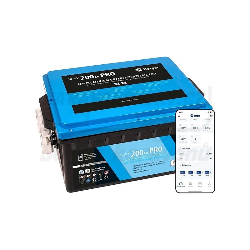 Lithiová baterie Berger LiFePO4 200 Ah 12 V pod sedačku s Bluetooth a vyhříváním
