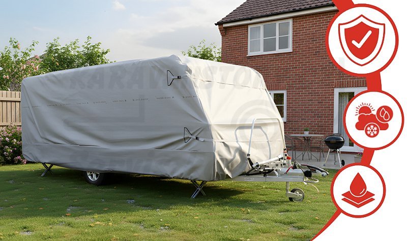 Celoroční krycí plachta na karavan - bez bočních zipů - Velikost plachty délka / šířka: 380-410cm / 220cm